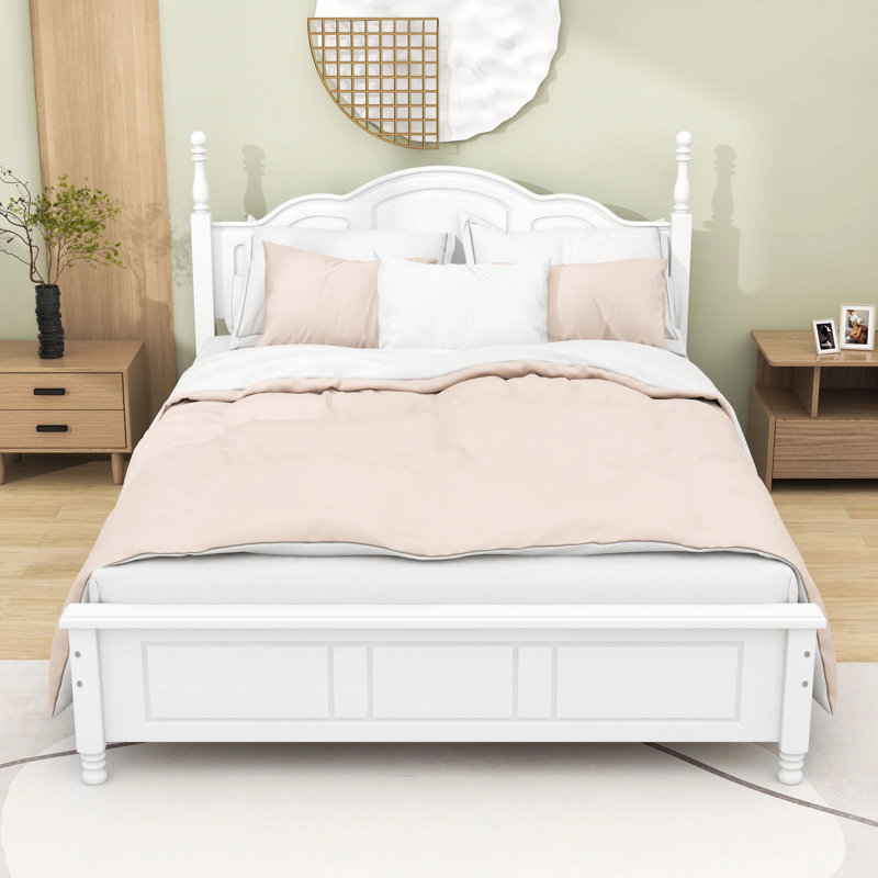 Vintage-Inspired Wooden Platform Bed with Unique Headboard, White, Queen