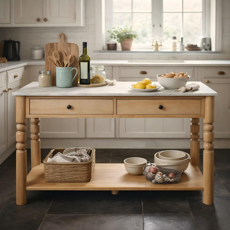 Îlot de cuisine en bois avec tiroirs et tablettes ouvertes Zoey, Natural