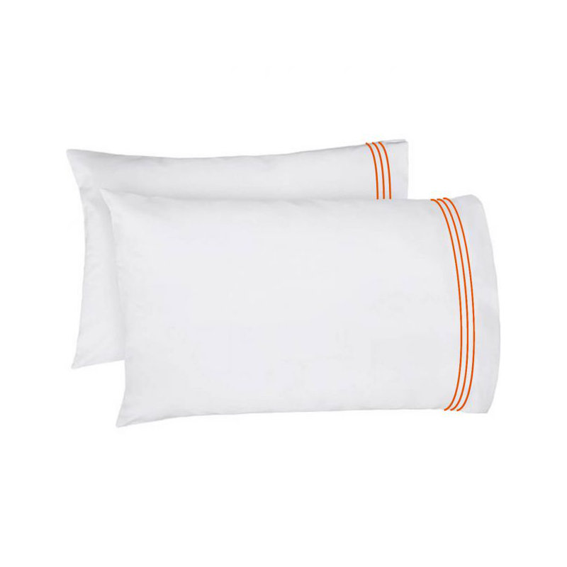 400TC Triple Embroidery Cotton Sateen Pillowcases (Set Of 2), White/Orange