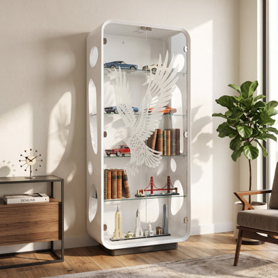 Vitrine en verre trempé blanc de 188 cm de hauteur avec éclairage USB et motif d'aigle