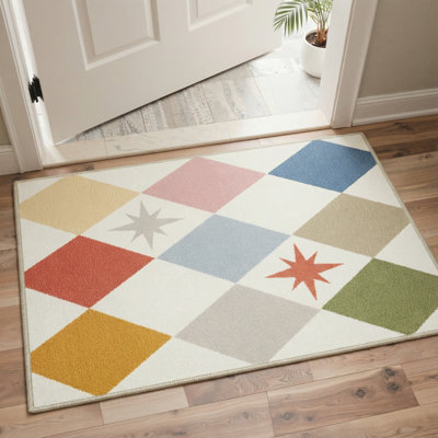 Avaline Avenue Harlequin Geometric Machine Washable Pink / Grey / Beige / Green / Blue / Orange 3' x 5' Doormat with Non-Slip Backing