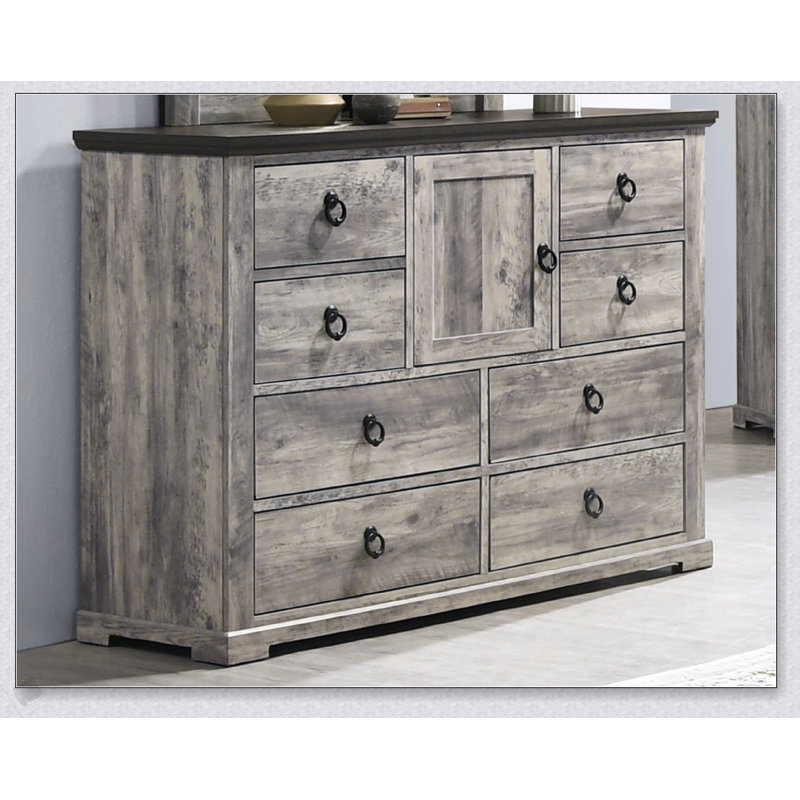 Commode contemporaine en bois gris rustique à deux tons avec poignées en métal et rangement spacieux
