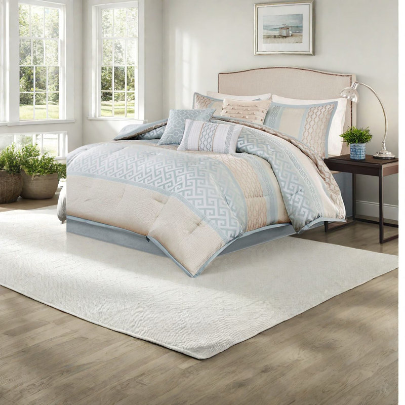 Ensemble de literie de luxe 7 pièces en polyester jacquard turquoise, style de chambre à coucher traditionnel élégant