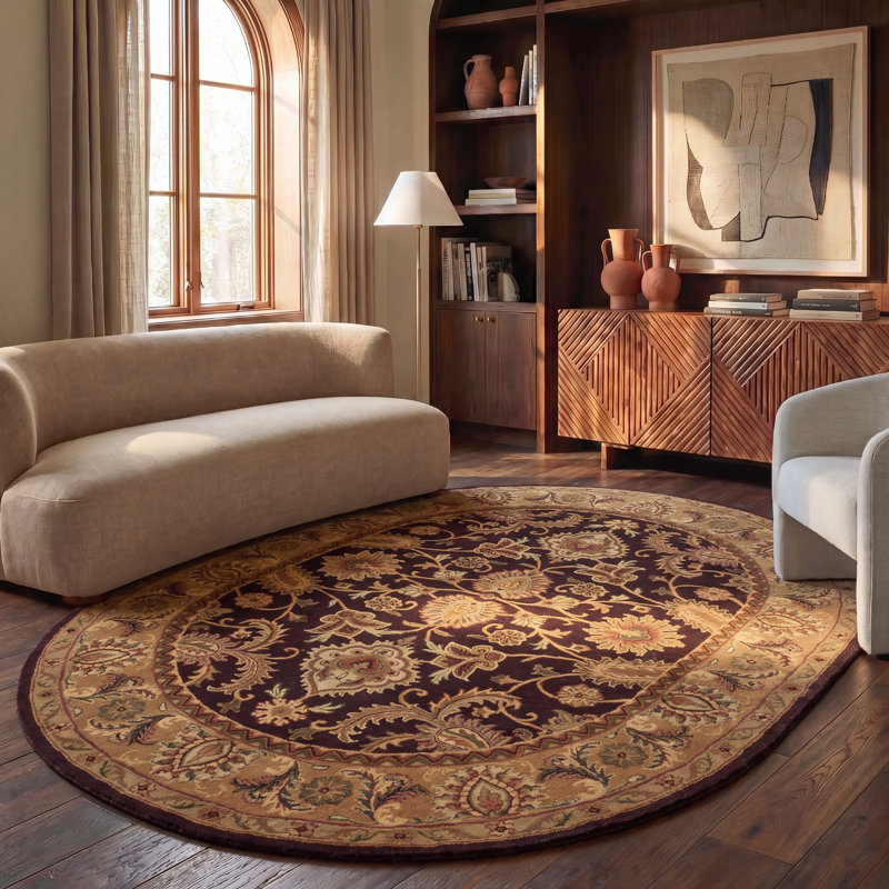 Tapis prune foncé / doré en laine touffeté à la main Bromley, Ovale 7 pi 6 po x 9 pi 6 po