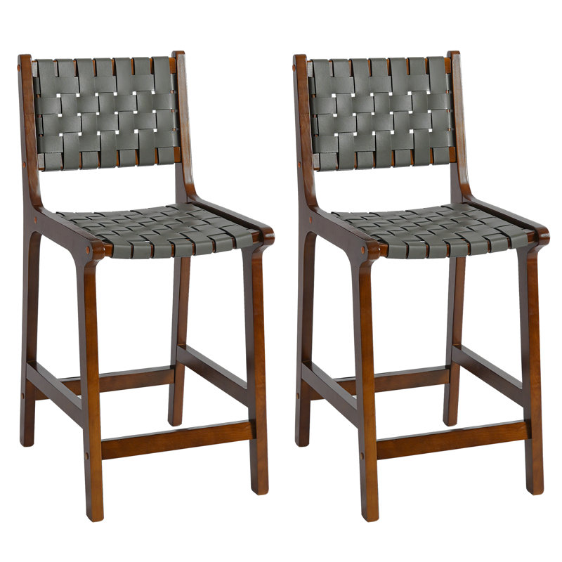 24" Counter Height Bar Stools Set of 2,Grey  Woven Faux Leather Seat & Back, Solid Wood Frame with Walnut Finish, 2