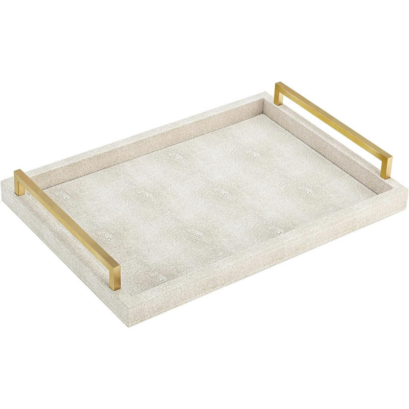 Shagreen Decorative Rectangle Coffee Table Tray, Faux Leather Serving Tray With Gold Handles