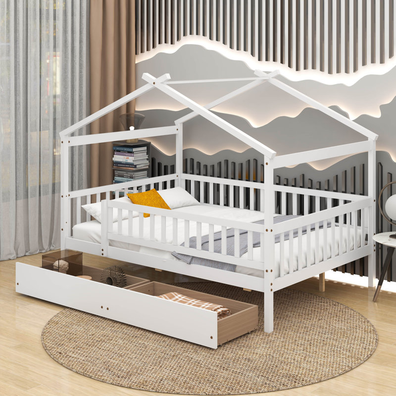Lit en bois avec deux tiroirs, Double, Blanc
