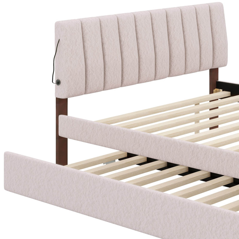 Lit plateforme tapissier Teddy, Beige, Grand lit