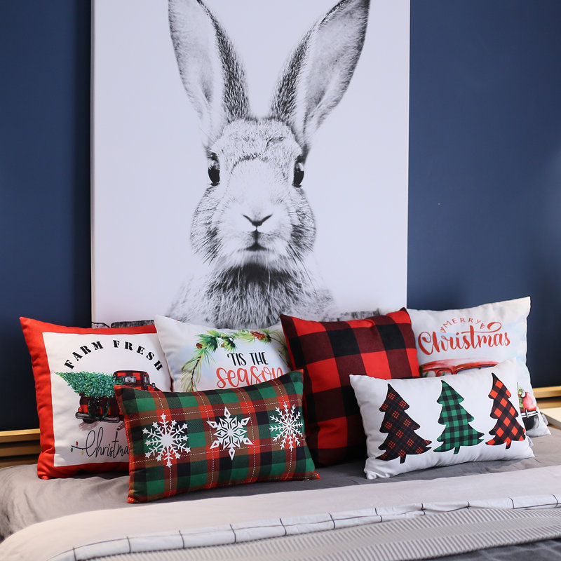 Red and Black Plaid Christmas Truck Polyester Euro Pillow Covers, 18" x 18", Set of 2