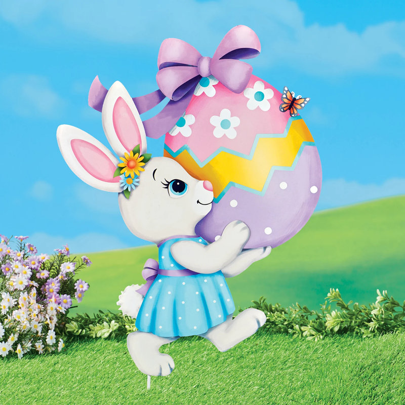 Adorable Bunny with Purple Easter Egg Garden Stake