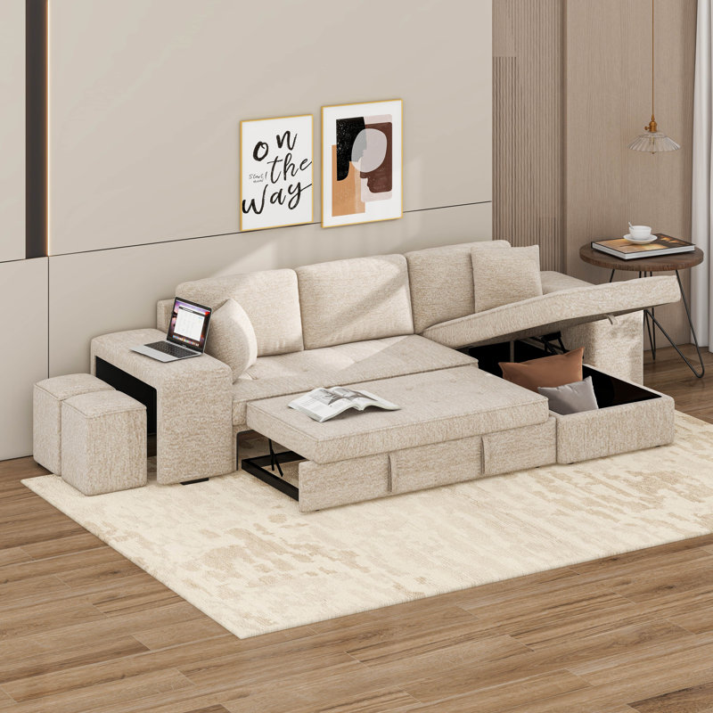 Canapé modulaire réversible moderne en L à 3 places, canapé-lit escamotable avec méridienne de rangement et 2 tabourets