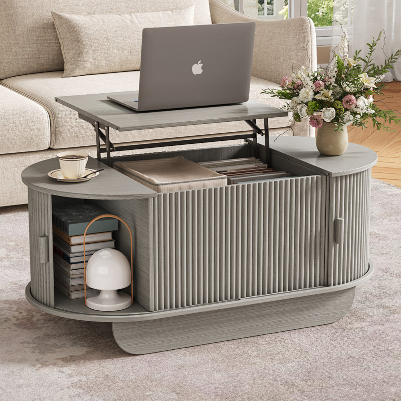 Lift Top Coffee Table with Storage, Fluted Coffee Table with Sliding Doors, Wood Rustic Center Table For Living Room, Gray