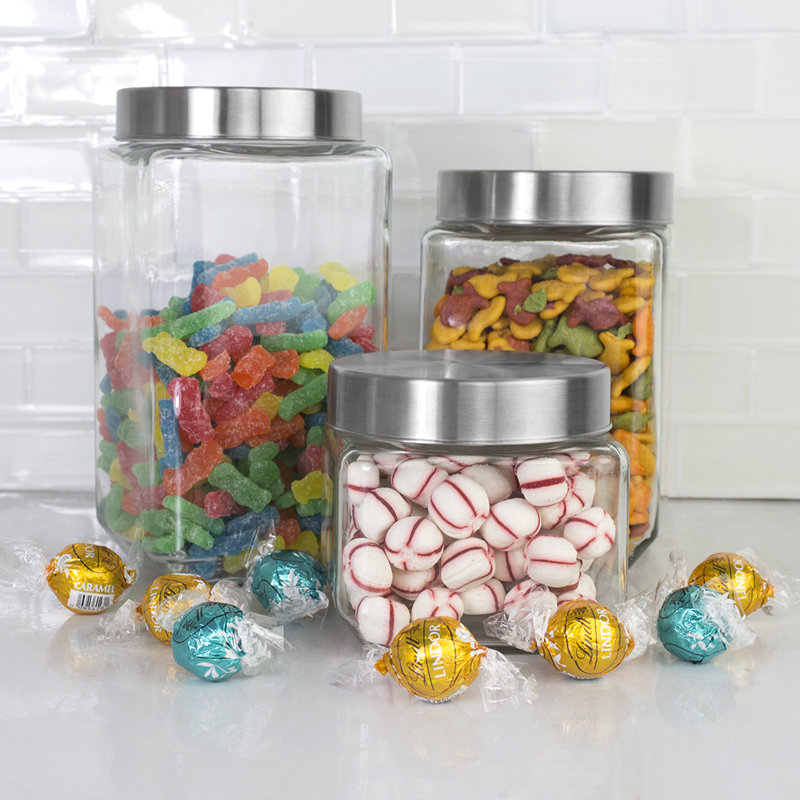 Clear Glass Square Canister Set with Stainless Steel Lids, 4-Piece