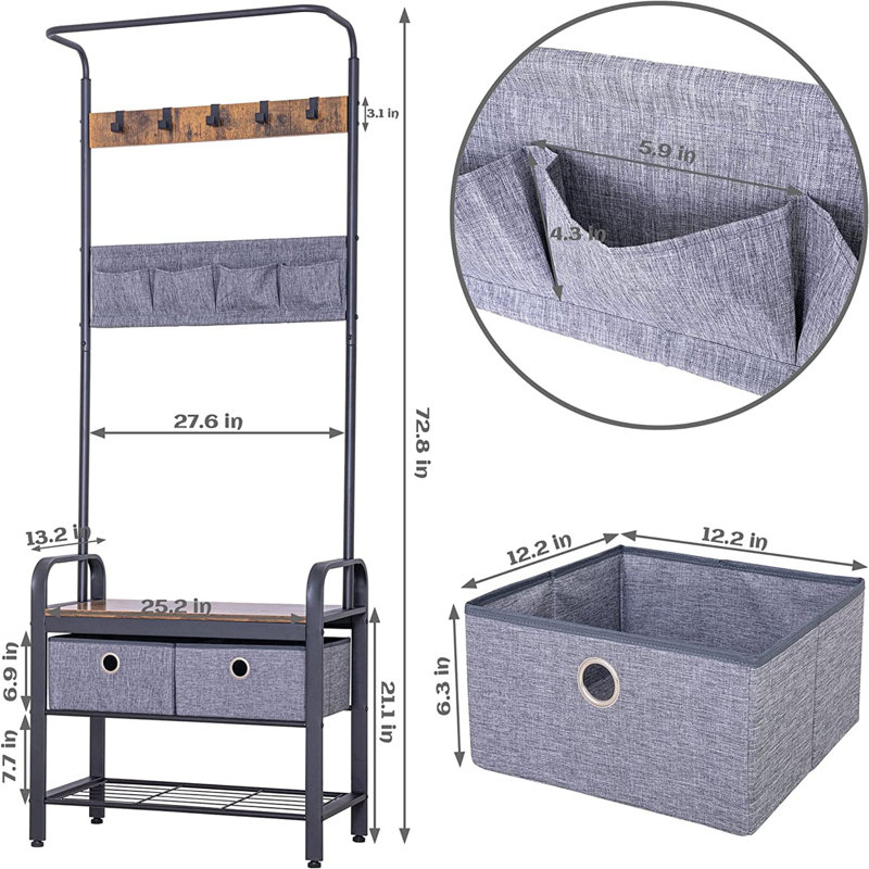 Hall Tree 27.6'' Wide with Bench and Shoe Storage