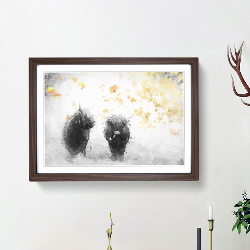 Two Highland Cows in Abstract - Picture Frame Painting Print, 48cm H x 65cm W x 2cm D, Walnut Framed