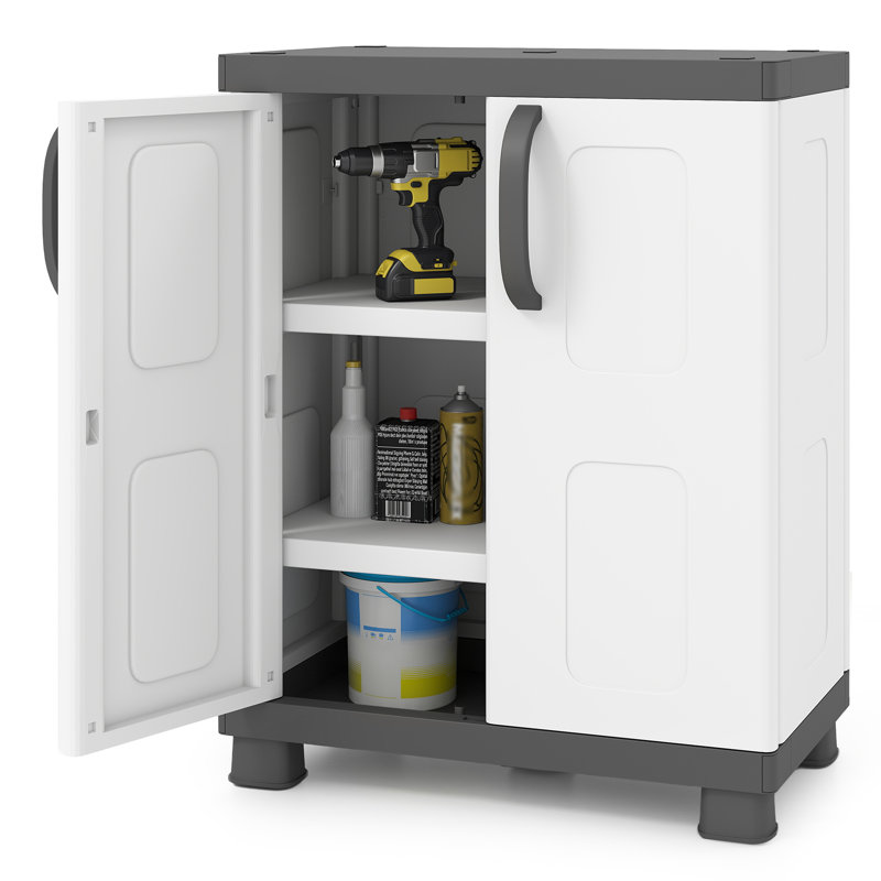 Armoire de rangement, buffet autoportant avec 2 portes et tablettes gris et blanc, Gris / Blanc