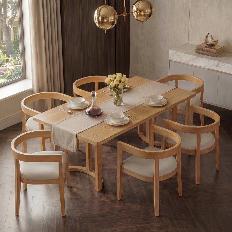 Ensemble de salle à manger 7 pièces pour 6 personnes, table de cuisine rectangulaire avec 6 chaises rembourrées à dossier arrondi, table de salle à manger en bois veiné avec dossier incurvé et sièges rembourrés (naturel)