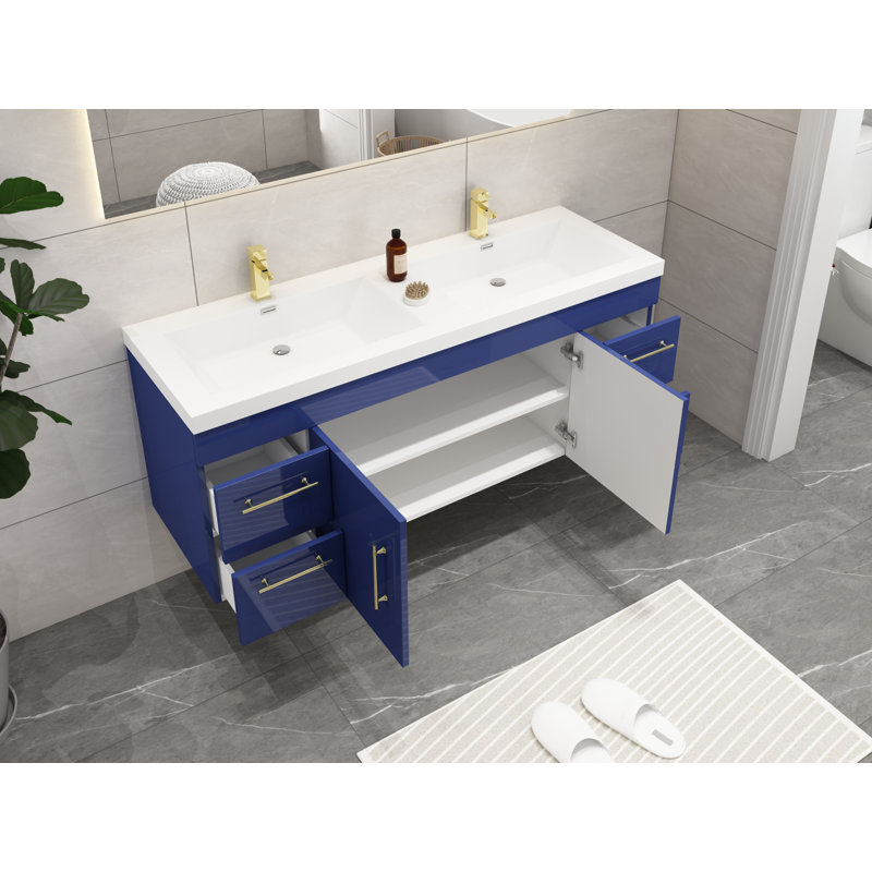 Meuble-lavabo mural double 59 po Romer, Bleu nuit, Argent