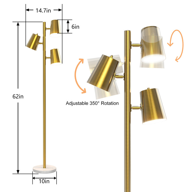 Lampe sur pied à branches moderne en métal à 3 lumières 62 po avec base en marbre Crevan, Laiton