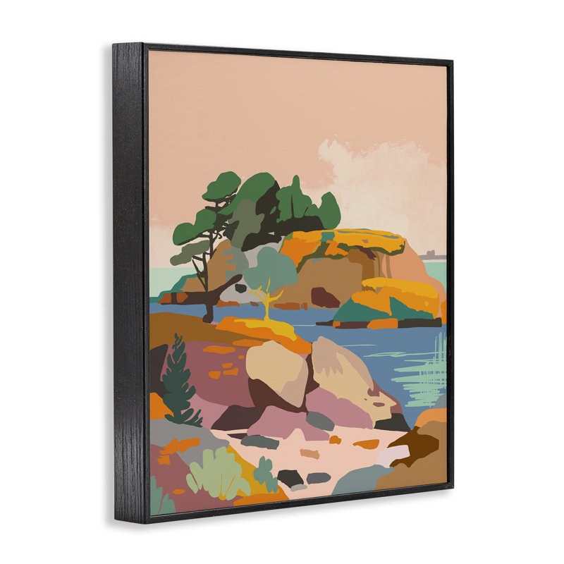 Abstrait, lac et falaises, estampe numérique encadrée par Walker Noble, Giclée encadrée noir minuit, H 20 po x l 16 po