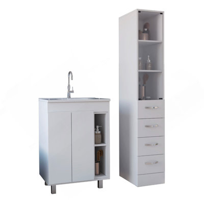Ensemble de salle de bain 2 pièces avec lavabo, meuble-lavabo autoportant Acra et armoire à linge Magna, blanc