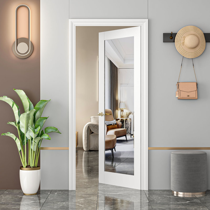 Porte française à dalle de 28 po x 80 po, portes intérieures à dalle en bois massif avec miroir 1-Lite pré-assemblées pour la salle de bain du garde-manger garde-manger, porte à panneau apprêté blanc, sans quincaillerie