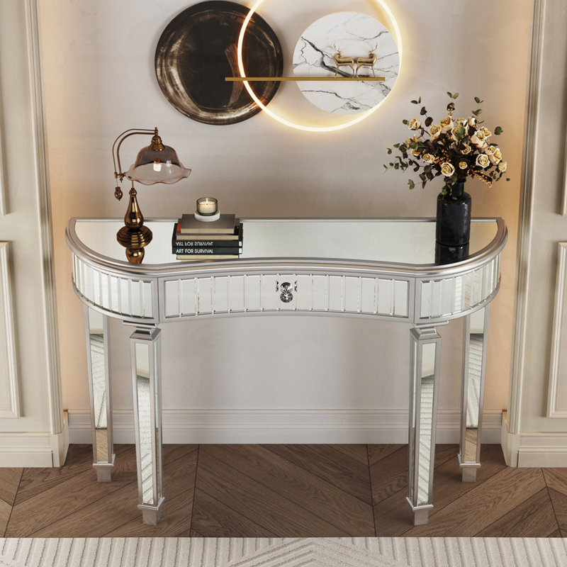 47" Half-Moon Mirrored Console Table With Glass And Drawer, Gray
