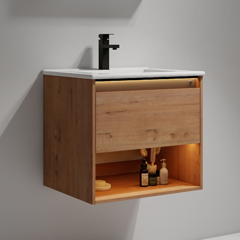 Khaleia 30" Floating Bathroom Vanity with LED Lights – Wall-Mounted Wood Cabinet with Acrylic Sink, Soft-Close Storage & Modern Integrated Basin
