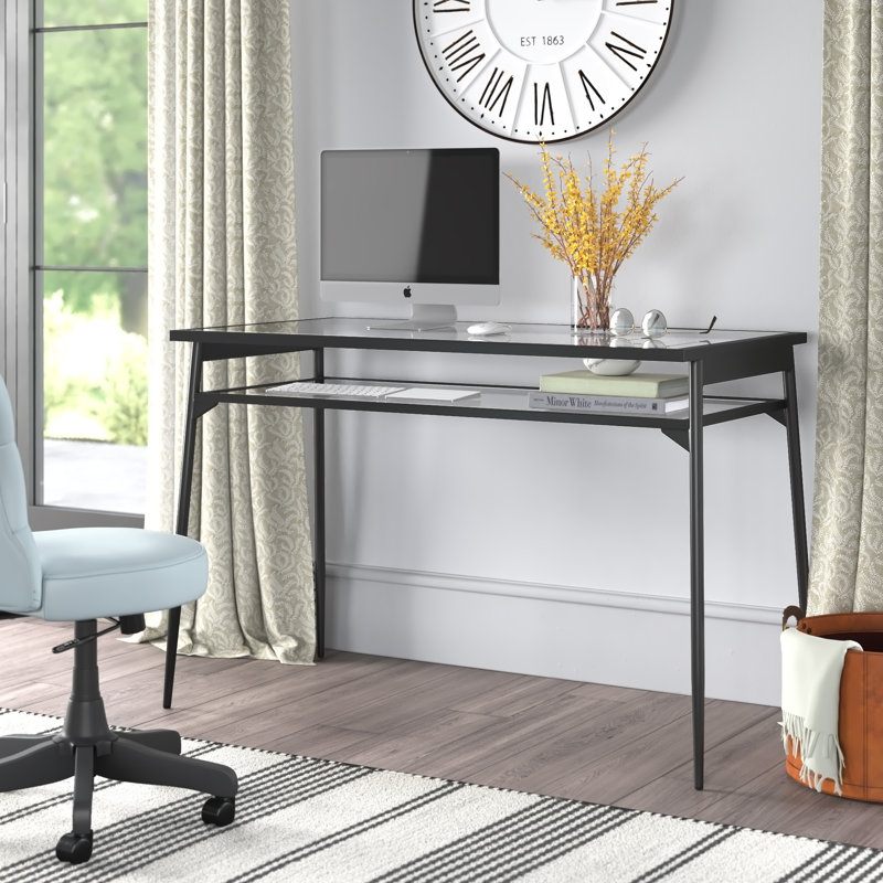 Latonnia Glass Top Metal Base Writing Desk, Black