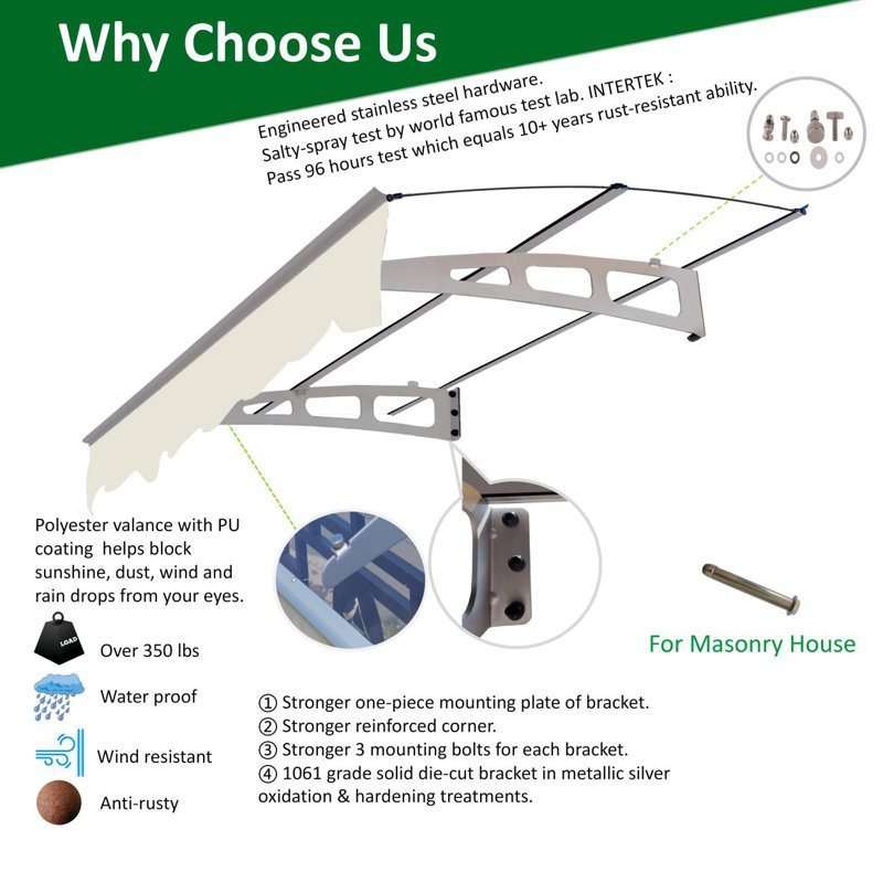Series Door Window Awning Canopy Made Of 0.137Inch Thick Crystal Solid Polycarbonate Sheet And Aluminum Alloy With Valance In Size Of 59" Wide X 34" Deep For Masonry Concrete Wall House Only.
