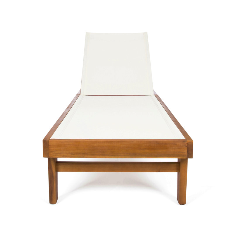 Chaise Lounge For Outdoor- Mesh And Acacia Wood, Brown, White