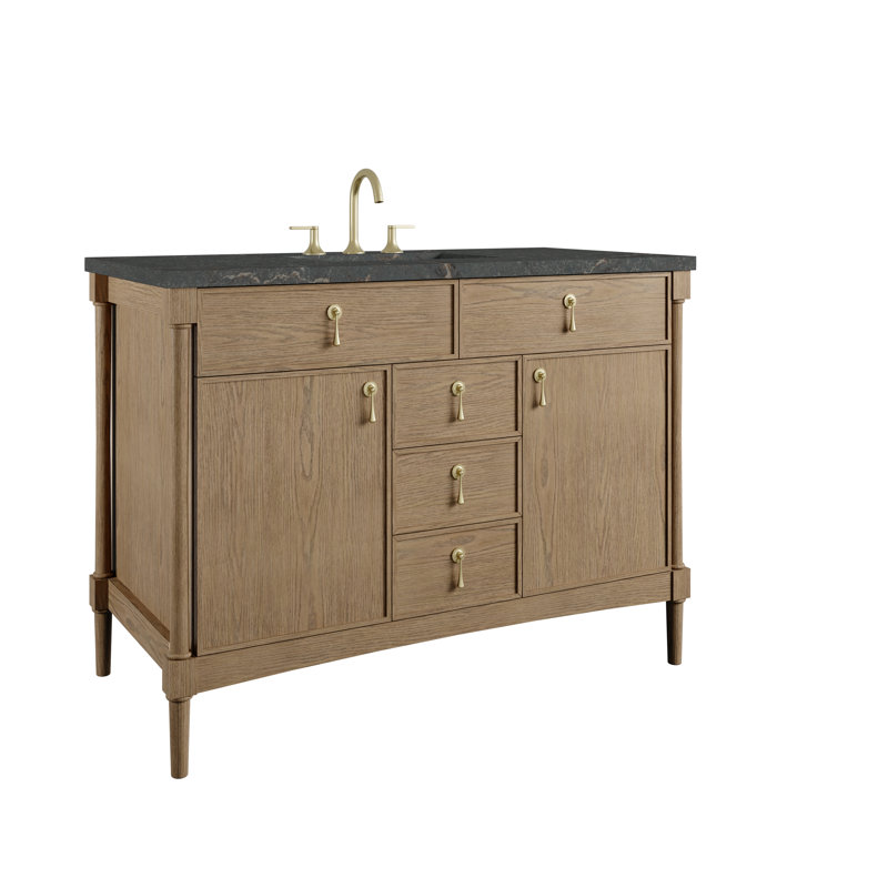 Kinnsden 48" W Single Vanity, Parisien Bleu Silestone, 8" Widespread, Weathered Oak