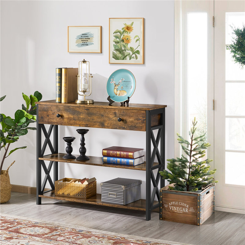 Vintage Wooden Console Table, Rustic Brown, Black, 80cm H x 30cm W x 100cm L