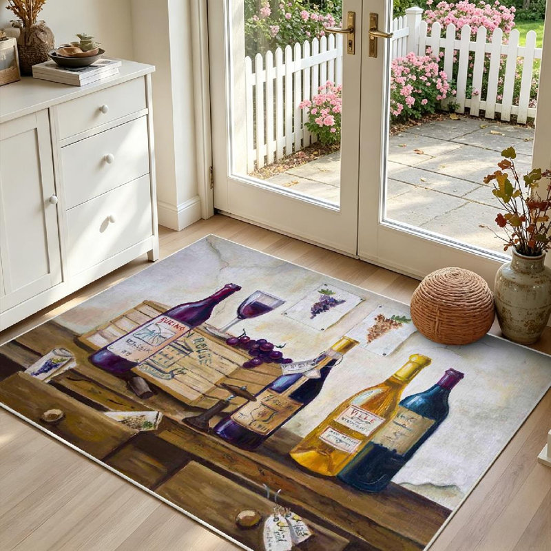 Tapis intérieur beige lavable à la machine avec alambic et vin, Rectangle 39" x 63"