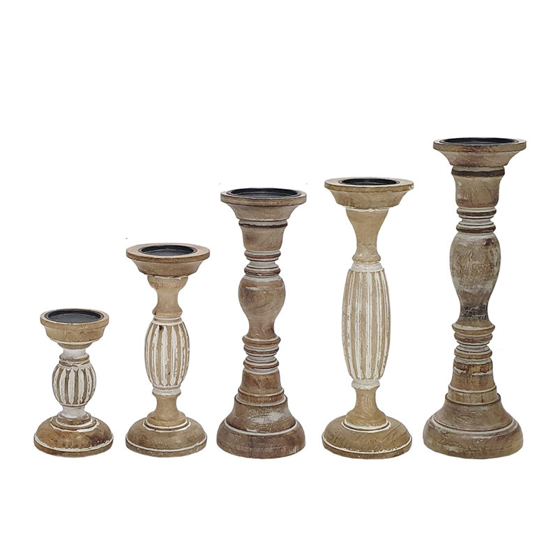 Ensemble de porte-bougie tourné 5 pièces Hez, blanc rustique foncé et bois de manguier beige