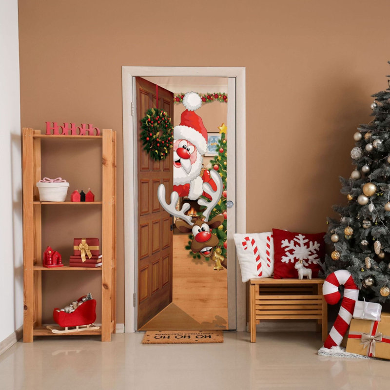Décoration de Noël pour habillage de porte - Père Noël et Rudolph - 80 po x 26 po