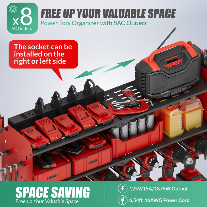 Organisateur d'outils électriques avec station de charge pour 8 supports de perceuse à fixation murale, Rouge
