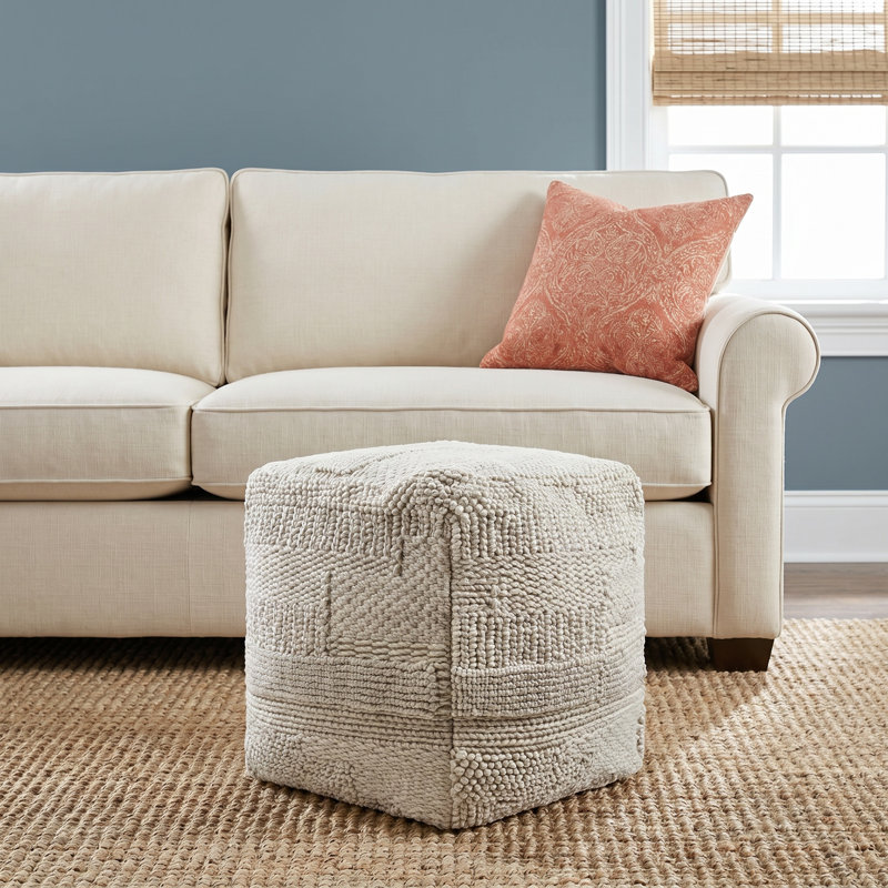 Upholstered Pouf, Light Silver