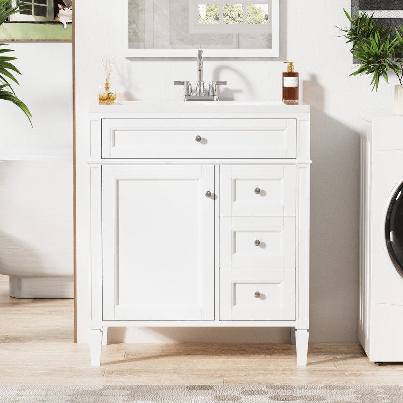 Meuble-lavabo de 30 po avec lavabo, 3 tiroirs, rangement polyvalent et décor minimaliste moderne, facile à assembler, bois massif blanc + installation, assemblage simple,