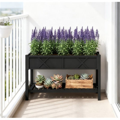 Boîte à fleurs surélevée en bois, lit de jardin surélevé, avec tablette de rangement, trous de drainage et doublure