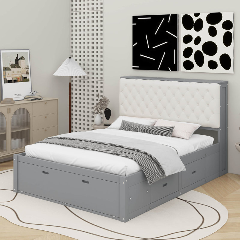 Grand lit plateforme avec tête de lit, étagère à chaussures et tiroirs, Gris