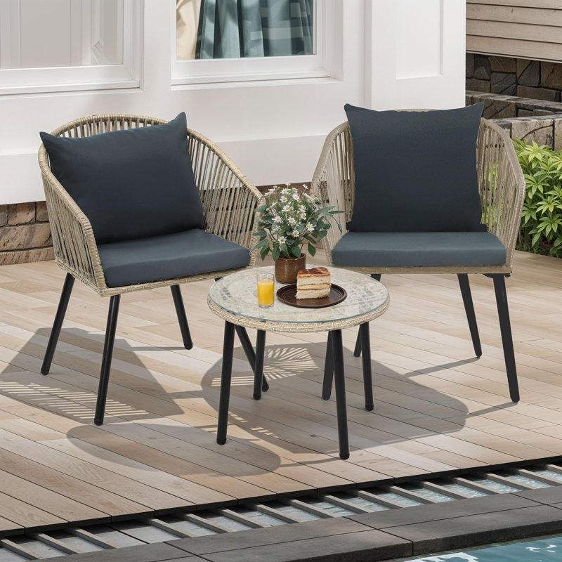 3-Piece Wicker Cushioned Patio Bistro Set, Black