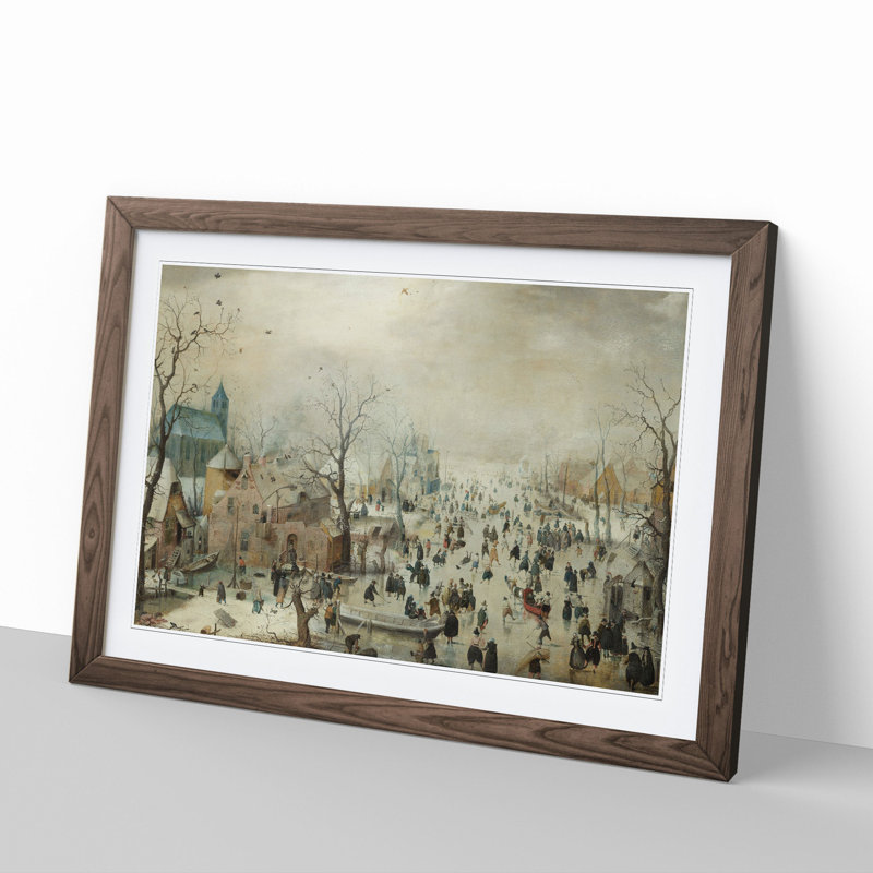Winter Landscape with Skaters by Hendrick Avercamp - Picture Frame Painting on MDF, Walnut Framed, 48cm H x 65cm W x 2cm D
