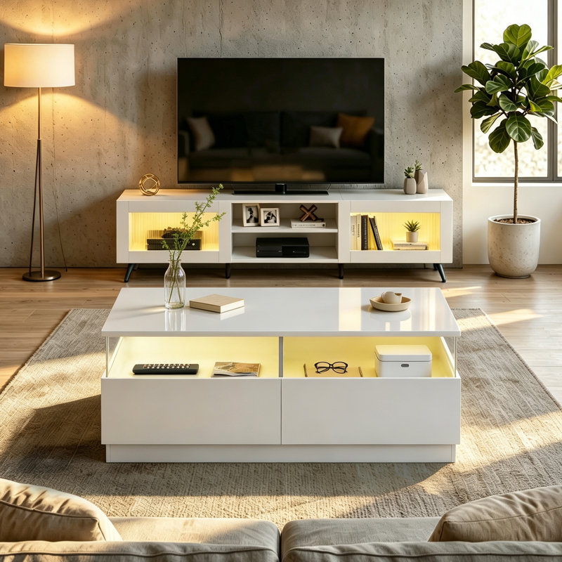 Modern Living Room Set, LED TV Stand & Coffee Table Combo With Storage, White