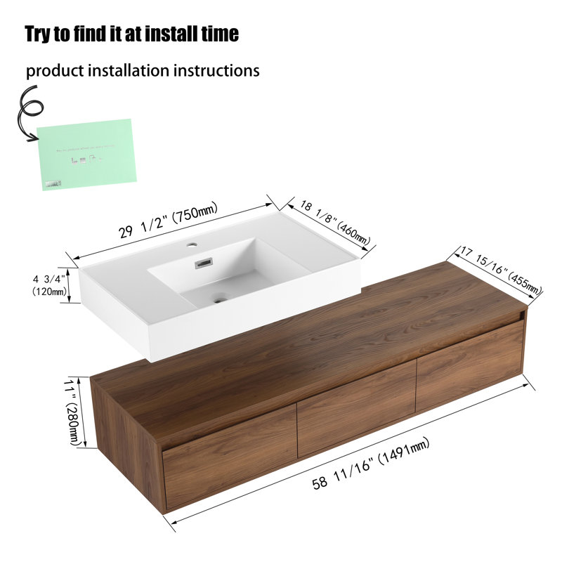 Meuble-lavabo mural simple 60 po avec comptoir en résine