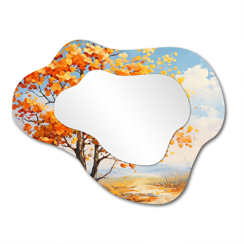 Orange American Basswood Essence IV - Tree Cloud Large Wall Mirror, Orange Asymmetrical Decorative Mirror, Printed Metal Art
