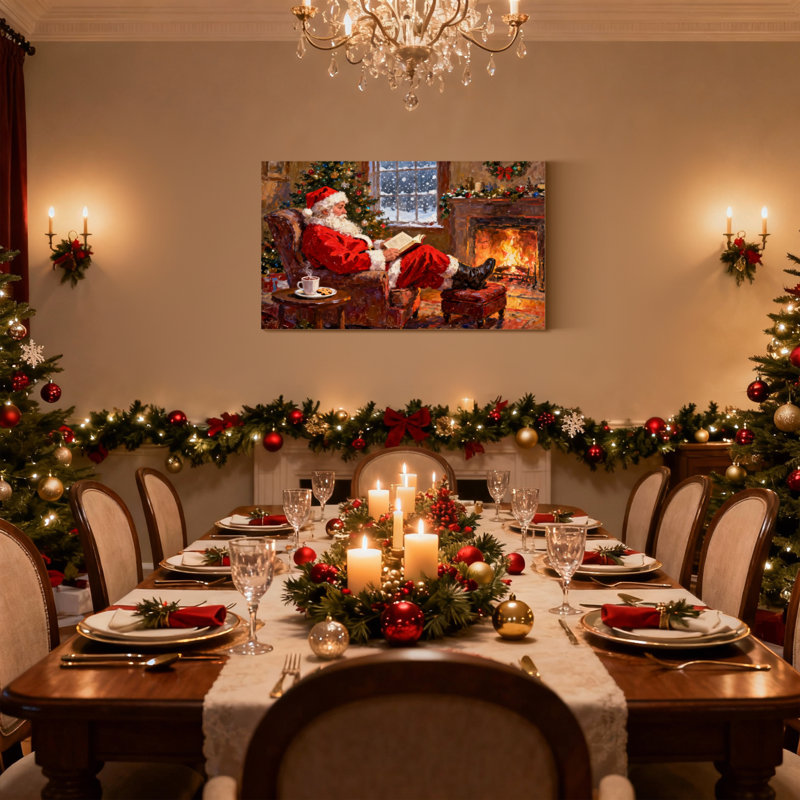 «Christmas Santa lecture par foyer avec arbre de Noël», ensemble de 3 impressions sur toile, H 20 po x l 30 po