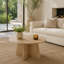 Retro-style nesting coffee table set. Available in walnut or natural wood finishes. Round nesting side tables with crisscross legs. Ideal for living rooms and dining rooms.