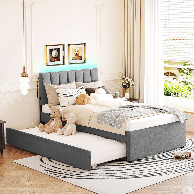Lit plateforme rembourré en molleton avec lit gigogne et éclairage à DEL intelligent Teddy, Gris