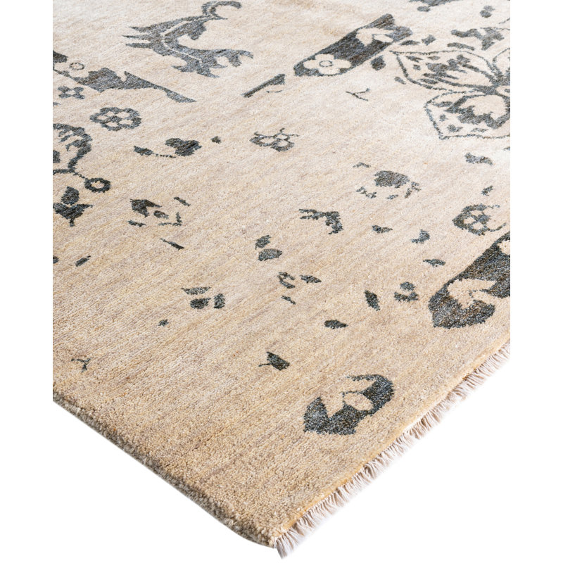 Tapis unique noué à la main ivoire de 9 pi 4 po x 12 pi 3 po Leonard